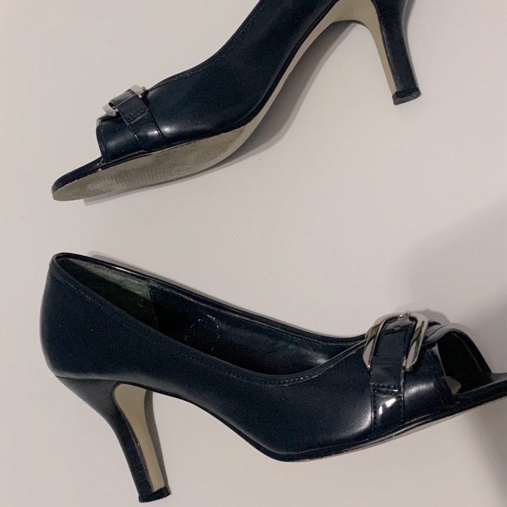 Navy Peep Toe Pumps